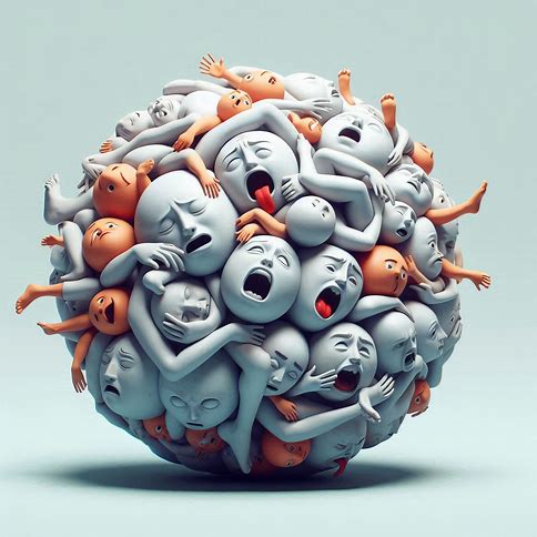 A spherical blob of faces and arms amalgamated together