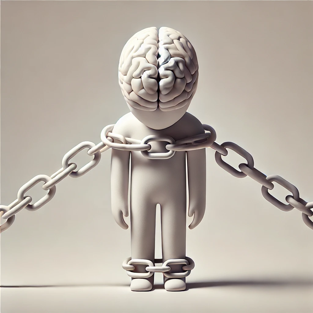 A man with brain exposed stands chained