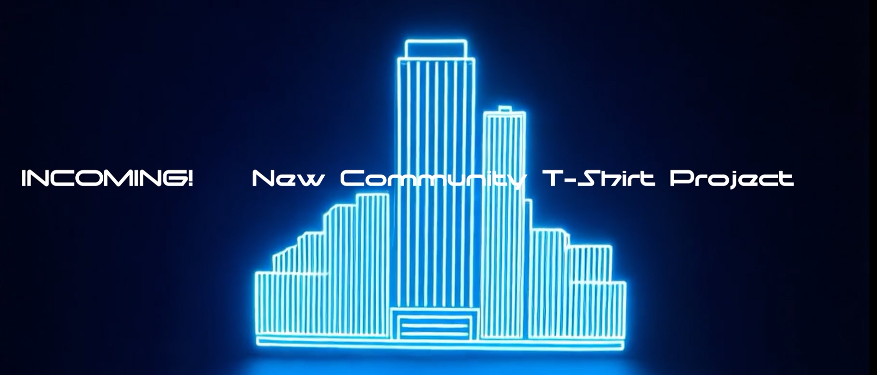 A picture of a neon architectural structure with the words: INCOMING new community t-shirt project