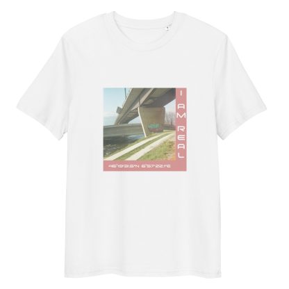 AN image of converging brutalist bridges, with "I AM REAL" and coordinates printed onto shirt